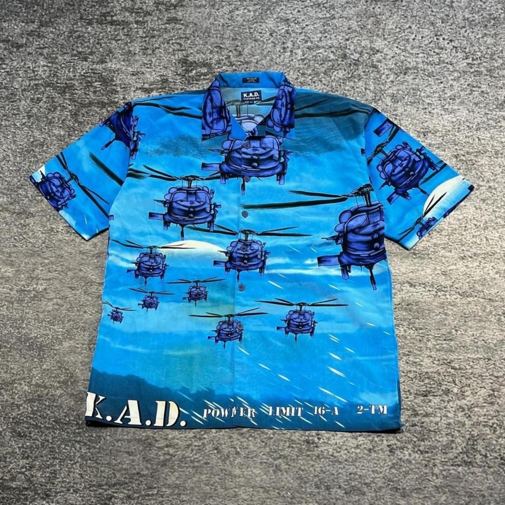 Vintage K.A.D Helicopter Button Up Shirt Mens Large Blue Y2K Hip-Hop Button Down
